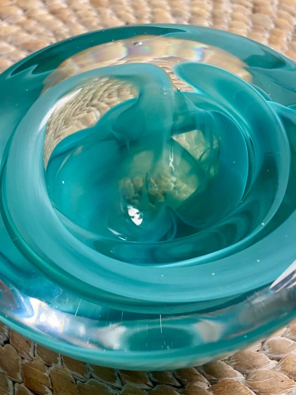 Vintage Kosta Boda Glass Atoll Anna Ehrner Aqua Green Swirl Votive Candle Holder